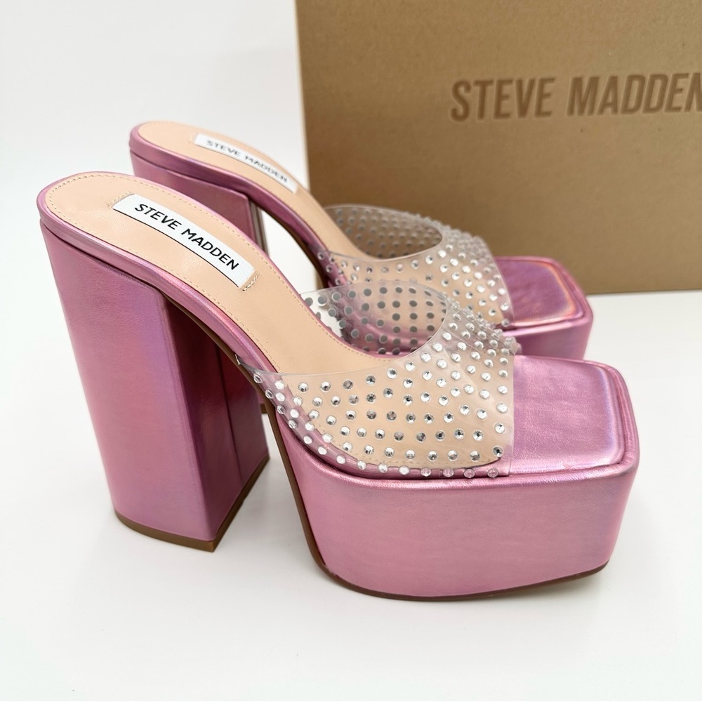 Steve Madden Ruby Embellished Heeled Platform Sandals Iridescent Pink
